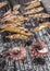 Octopus tentacles with suction cups on grill closeup in Greek island