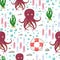 Octopus tentacles vector sea animal seamless pattern background squid marine water seafood ocean fish vector illustration.