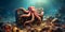 Octopus with treasure chest and gold coins rests on ocean floor. Concept Seaside Adventure, Underwater Exploration, Mythical