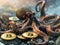 An octopus using its tentacles to guard multiple Bitcoins illustrating the complexity of crypto security