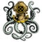 Octopus and vintage diver helmet. Kraken tentacles. T-shirt design, tattoo or label. Comic style vector illustration