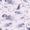 Octopuses at the bottom of the sea watercolor seamless pattern