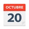 Octubre 20 - Calendar Icon - October 20. Vector illustration of Spanish Calendar Leaf