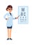 Oculist. Doctor cartoon character stands in glasses and white medical uniform and tests with alphabet, diagnostic eye