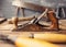 Od vintage hand tools on wooden background.