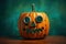 Odd junkyard scrap metal halloween mask in the shape of a Jack-o-Lantern pumpkin - generative AI