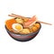Oden, Japanese cuisine, chopsticks and bowl of hot soup with eggs, radish and fish cakes