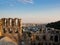 Odeon of Herodes Atticus, arches and rows of seats of southern slope of Acropolis in Athens, Greece in soft light of a summer suns