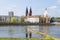 Oder River with the church Friedenskirche and the Bach Concert Hall in Frankfurt Oder