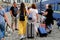 Odesa, Ukraine A crowd of people walking along the platform with bags, suitcases and luggage at the Odessa railway