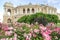 Odessa garden with pink roses with Odessa ballet and opera house in Odessa, Ukraine