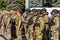 ODESSA, UKRAINE - August 1, 2018: Special forces of the Ukrainian police in the ranks in full combat form with special weapons. Ur