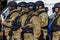 ODESSA, UKRAINE - August 1, 2018: Special forces of the Ukrainian police in the ranks in full combat form with special weapons. Ur