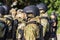 ODESSA, UKRAINE - August 1, 2018: Special forces of the Ukrainian police in the ranks in full combat form with special weapons. Ur