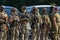 ODESSA, UKRAINE - August 1, 2018: Special forces of the Ukrainian police in the ranks in full combat form with special weapons. Ur