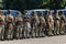 ODESSA, UKRAINE - August 1, 2018: Special forces of the Ukrainian police in the ranks in full combat form with special weapons. Ur