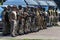 ODESSA, UKRAINE - August 1, 2018: Special forces of the Ukrainian police in the ranks in full combat form with special weapons. Ur