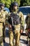 ODESSA, UKRAINE - August 1, 2018: Special forces of the Ukrainian police in the ranks in full combat form with special weapons. Ur