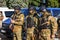 ODESSA, UKRAINE - August 1, 2018: Special forces of the Ukrainian police in the ranks in full combat form with special weapons. Ur