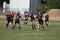 Odessa, Ukraine - August 22, 2020: Ukrainian Cup among women rugby teams Odessa. Tense moment of girls` rugby fight. Dramatic