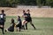 Odessa, Ukraine - August 22, 2020: Ukrainian Cup among women rugby teams Odessa. Tense moment of girls` rugby fight. Dramatic