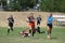 Odessa, Ukraine - August 22, 2020: Ukrainian Cup among women rugby teams Odessa. Tense moment of girls` rugby fight. Dramatic