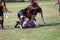 Odessa, Ukraine - August 22, 2020: Ukrainian Cup among women rugby teams Odessa. Tense moment of girls` rugby fight. Dramatic