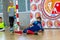 ODESSA, UKRAINE-CIRCA-2020: Children play mini-football. Futsal goalkeeper stands at gate. Sports training of children of football