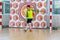 ODESSA, UKRAINE-CIRCA-2020: Children play mini-football. Futsal goalkeeper stands at gate. Sports training of children of football