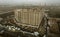 ODESSA, UKRAINE - January 9, 2019: Aerial top view photo from flying drone. Construction site. Large industrial tower cranes.