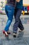 Odessa, Ukraine - July 25, 2019. Green Theater. Ballroom Dance Training. Dancing couple exercising outdoors. Feet, legs