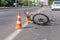 ODESSA, UKRAINE - June 13, 2019: Fatal accident car with a bicycle on a high-speed highway. Ricked bike after colliding with a car