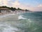 Odessa, Ukraine - June 2019 Glowing bright colored clouds at sunset and a cheerful wave of the Black Sea, Langeron beach