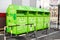 Odessa,Ukraine -March 09, 2020: Green colored Clothing bank for recycling clothes. Clothes donation or reuse concept