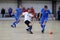 Odessa, Ukraine- May 29, 2020: Cup playoff match match in futsal among veterans 50+. Futsal on large stage of sports hall,