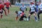 Odessa, Ukraine November 24, 2019: local Rugby clubs engaged in fierce fight on green unequipped field in Rugby Derby tournament.