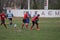 Odessa, Ukraine November 24, 2019: local Rugby clubs engaged in fierce fight on green unequipped field in Rugby Derby tournament.