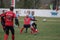 Odessa, Ukraine November 24, 2019: local Rugby clubs engaged in fierce fight on green unequipped field in Rugby Derby tournament.