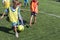 ODESSA, UKRAINE - September 7, 2019: little children in training play soccer. Younger boys kick soccer at the playground. Children