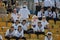 ODESSA, UKRAINE - SEPTEMBER 7, 2019: Spectators in stands of stadium. During match, rugby team Odessa - Kremenchug. Support Group