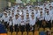 ODESSA, UKRAINE - SEPTEMBER 7, 2019: Spectators in stands of stadium. During match, rugby team Odessa - Kremenchug. Support Group