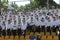 ODESSA, UKRAINE - SEPTEMBER 7, 2019: Spectators in stands of stadium. During match, rugby team Odessa - Kremenchug. Support Group