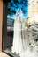 ODESSA, UKRAINE â€“ 22 September, 2018: Female mannequin in wedding dress in showcase. Bridal dresses Salon Showcase window