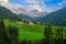 The Odle mountain peaks and the church of Santa Maddalena, Val di Funes valley. Picturesque. Alpe di Siusi or Seiser Alm with