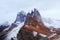 Odle mountain range, Seceda peak between clouds in winter , Val Gardena in Dolomites