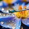 the Odonata species insects perching on the wet colorful lotus flower petals.