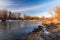 Odra river with trees around near Bohumn city on czech - polish borders