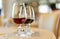 Oenology tasting of great vintage red wine in wineglass