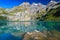 Oeschinensee alpine lake with high spectacular mountains and glaciers, Switzerland