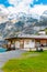 Oeschinnensee lake, wooden chalet, Switzerland.